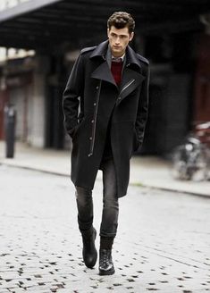 Men's Charcoal Trenchcoat, White Dress Shirt, Black Jeans, Charcoal Leather Desert Boots