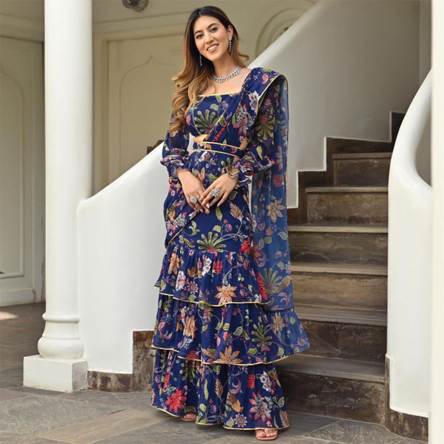 Navy Blue Printed Ruffle saree