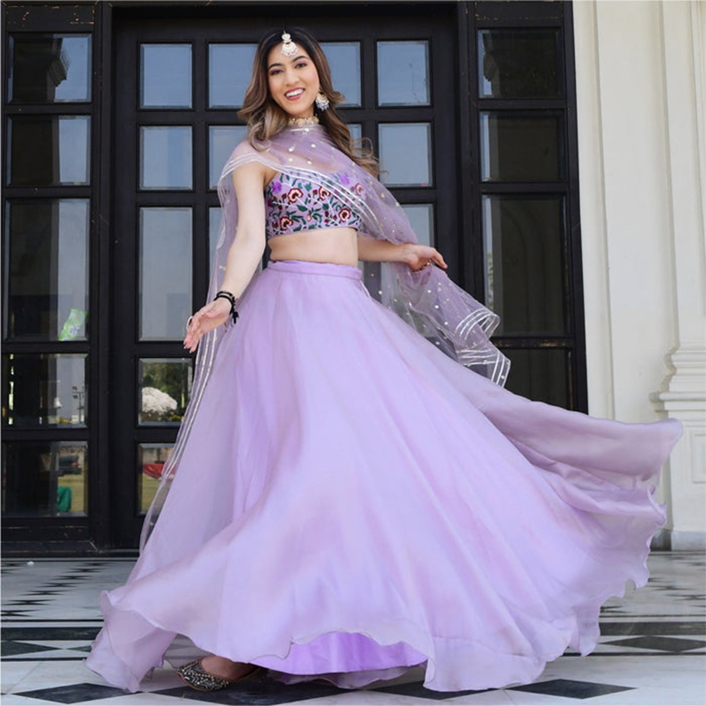 Lilac Embroidered Organza Lehenga Set