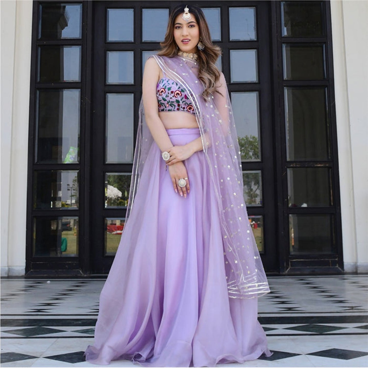 Lilac Embroidered Organza Lehenga Set