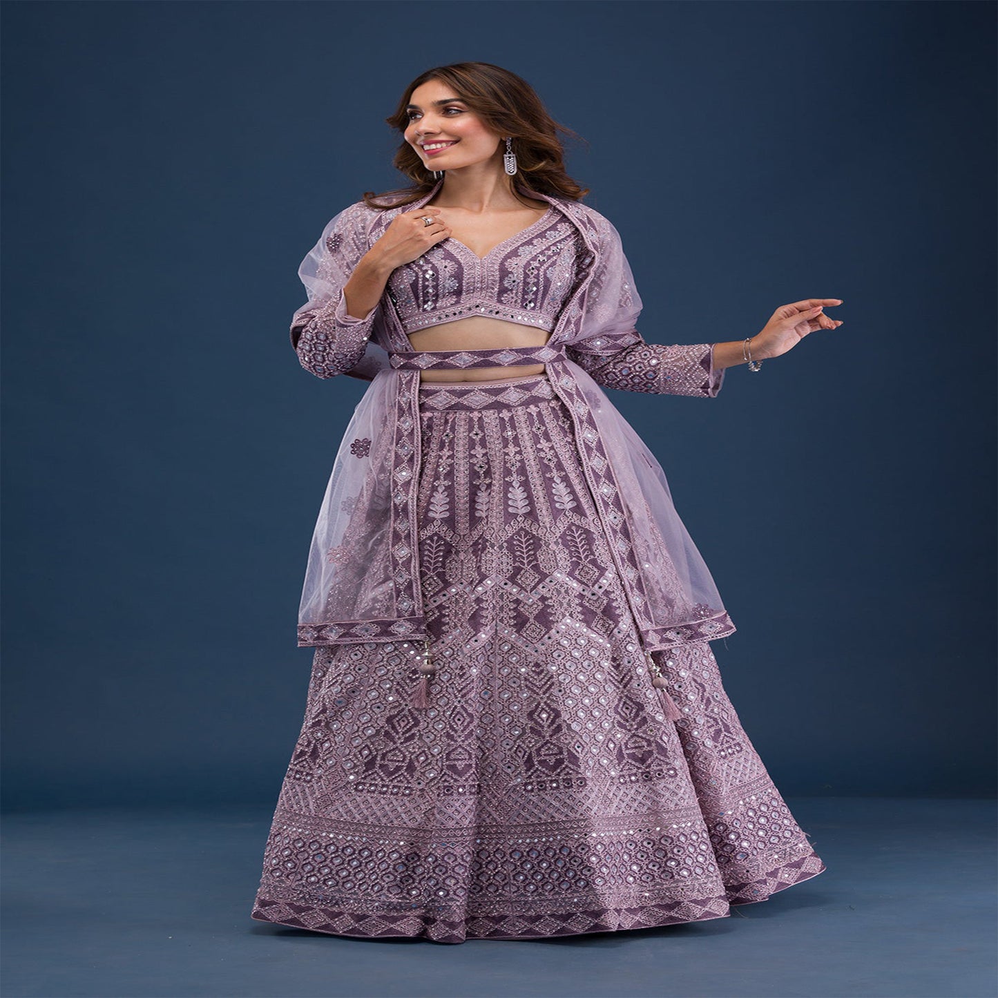 Mauve Mirrorwork Net Readymade Lehenga