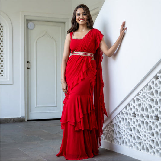 Red Georgette Stitched Saree