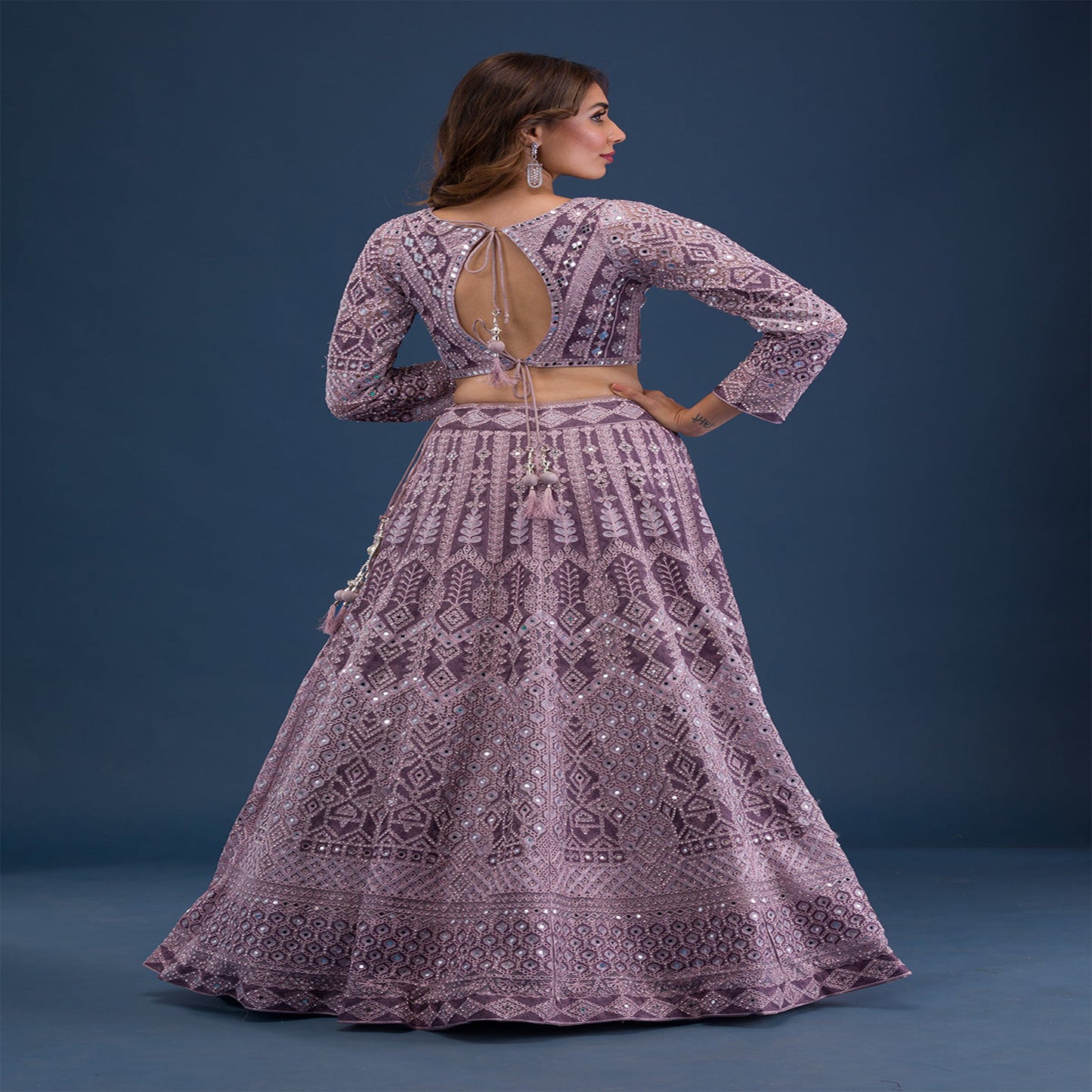 Mauve Mirrorwork Net Readymade Lehenga