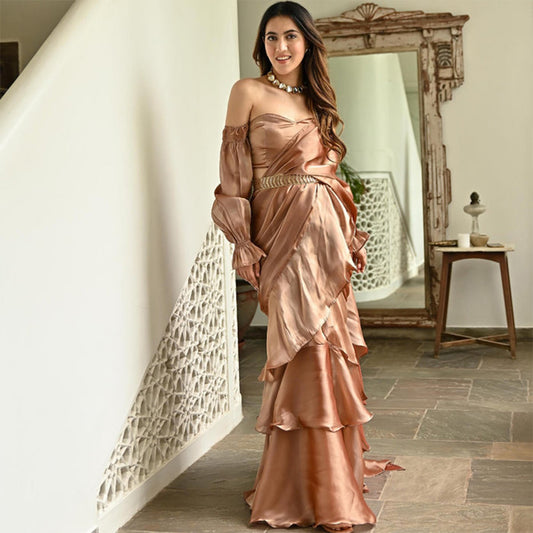 Brown Organza Ruffle Saree