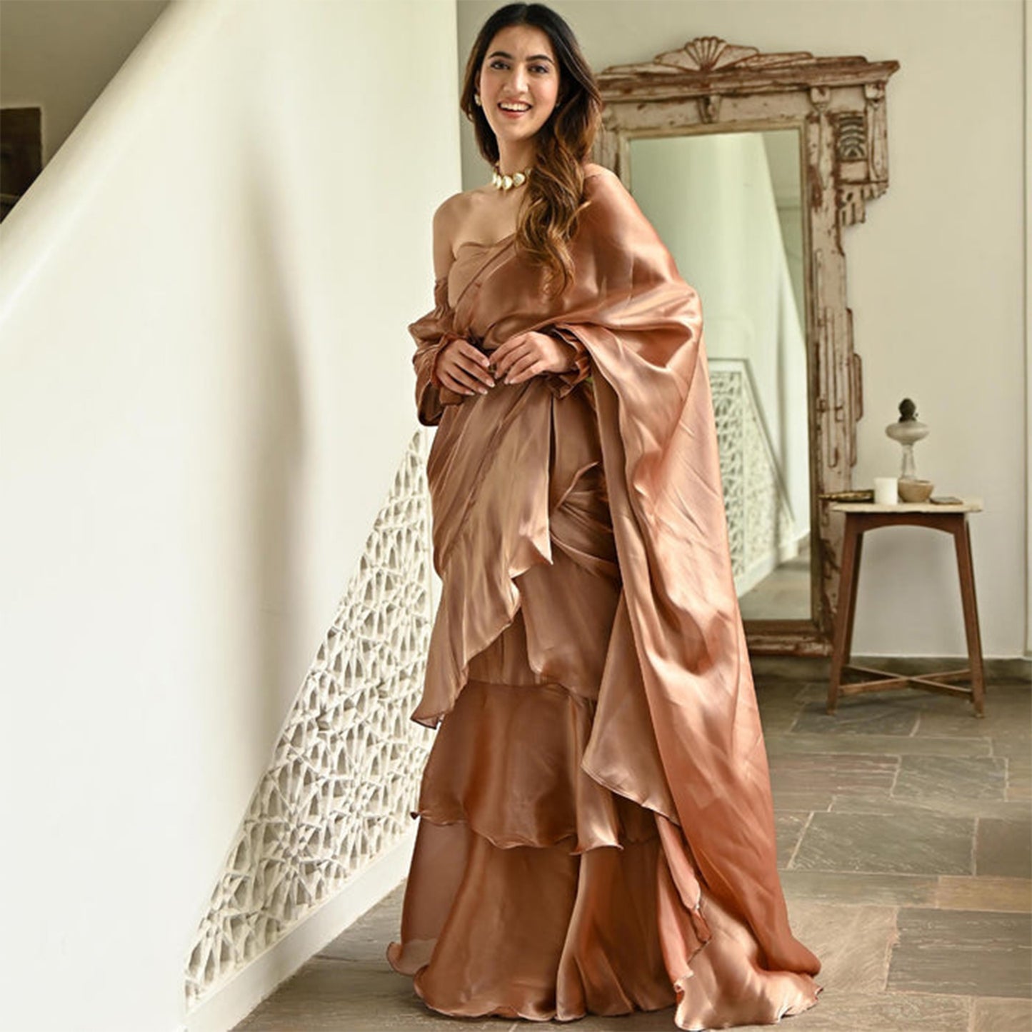 Brown Organza Ruffle Saree