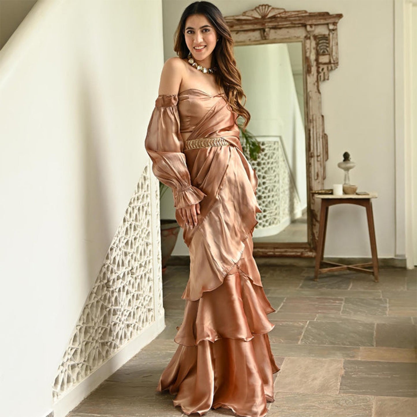 Brown Organza Ruffle Saree