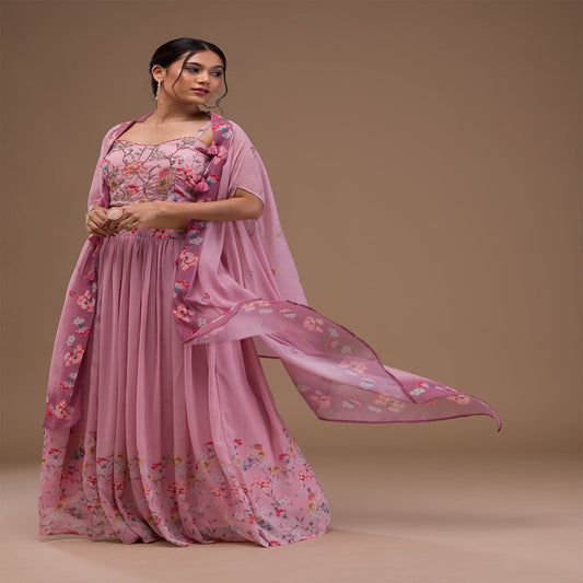 Baby Pink Printed Georgette Readymade Lehenga