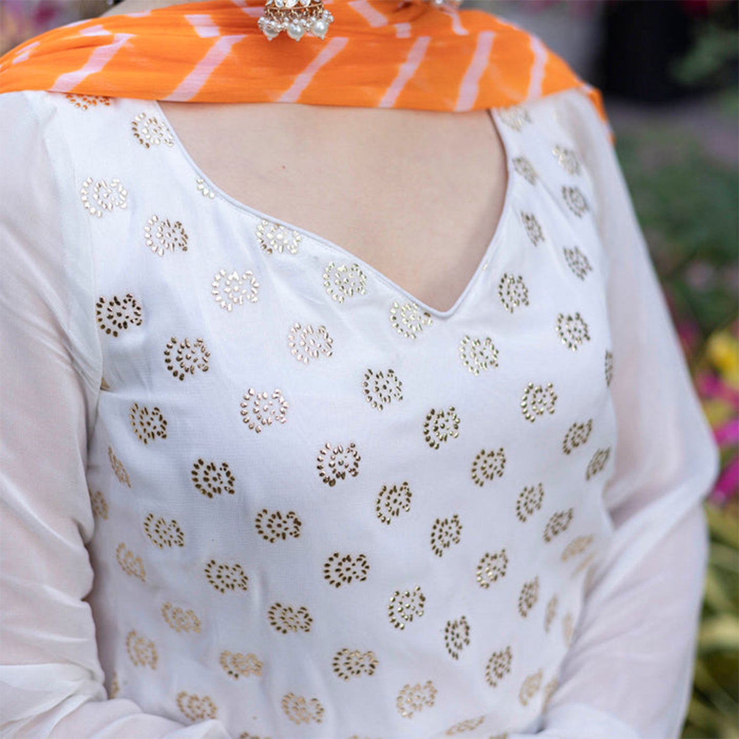 White Mukaish Patiyala Suit With Orange Leheriya Dupatta