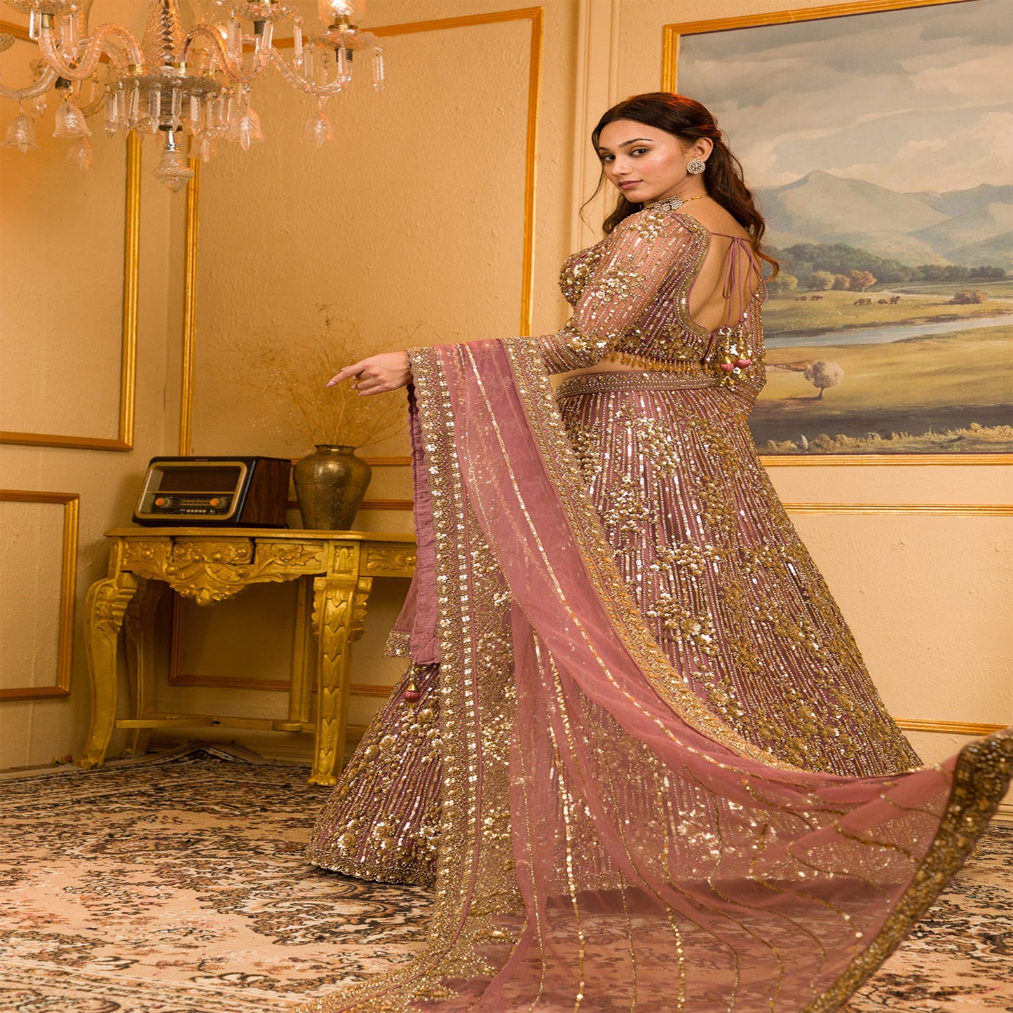 Mauve Zariwork Net Readymade Lehenga