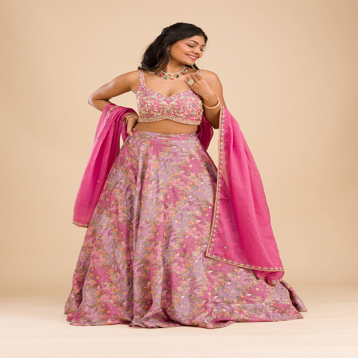 Onion Pink Printed Raw Silk Readymade Lehenga