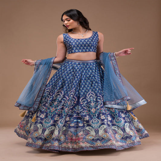 Navy Blue Swaroski Banarasi Readymade Lehenga