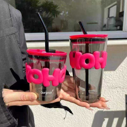 Summer Beautiful Glass Cup with Lid Straw Summer Home Drinking Cup Women's New 2024 Fruit Juice Milk Tea Coffee Cup