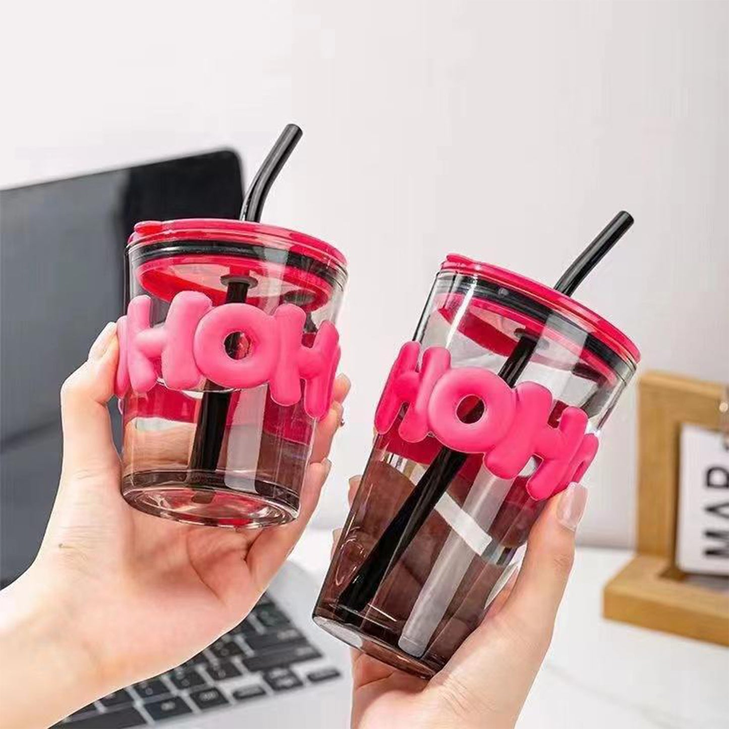 Summer Beautiful Glass Cup with Lid Straw Summer Home Drinking Cup Women's New 2024 Fruit Juice Milk Tea Coffee Cup