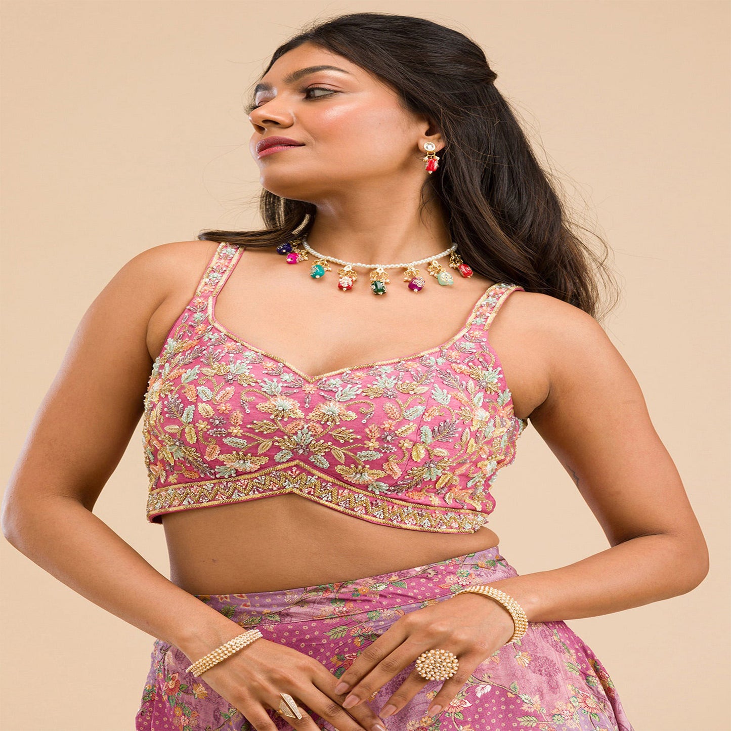 Onion Pink Printed Raw Silk Readymade Lehenga