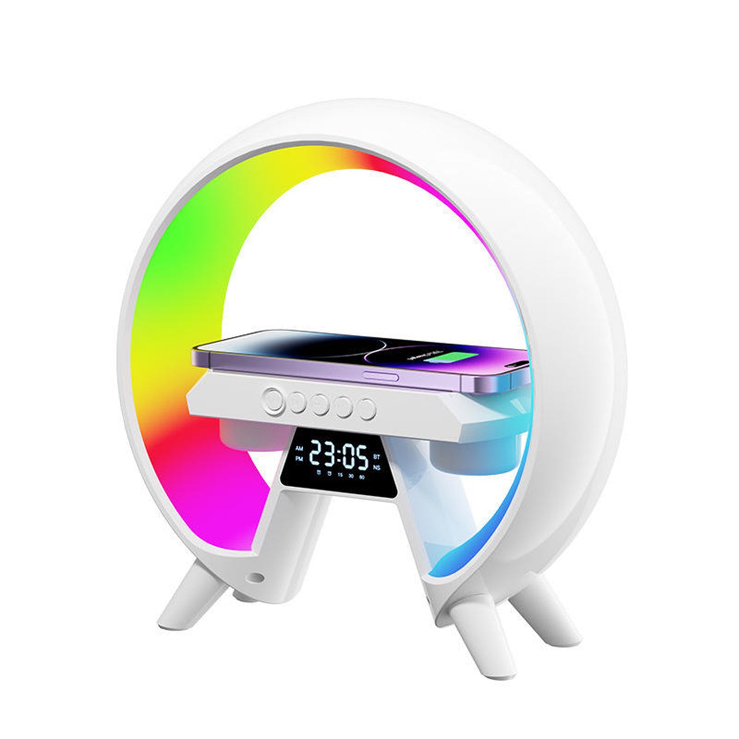 G shape 3 in 1 wireless charger lamp speaker wireless charger with speaker light and clock transparent speaker BT-X63