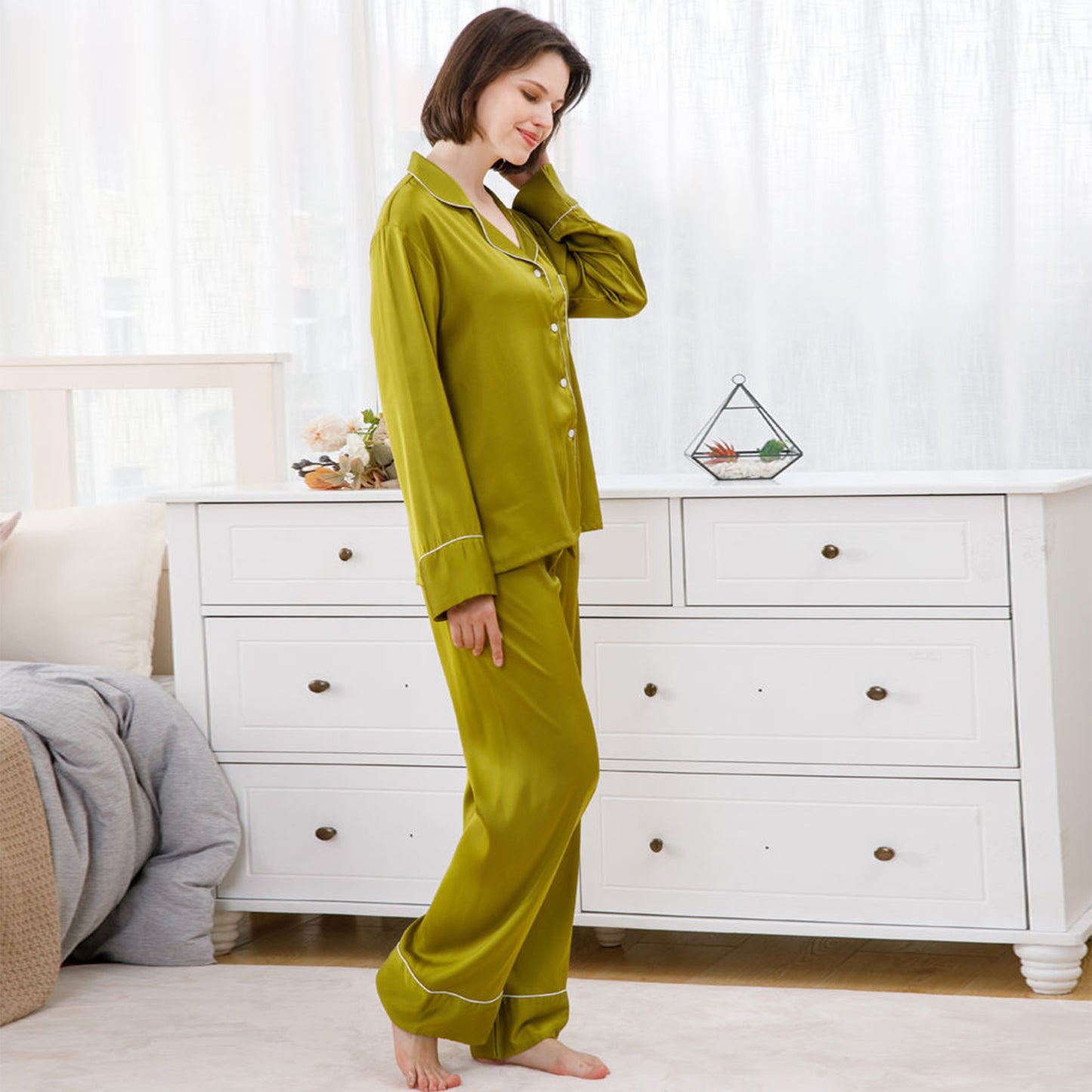 Customized Ladies Button Down Pjs Loungewear 2pcs Female Soild Silk Like Satin Pajamas set Women sleepwear