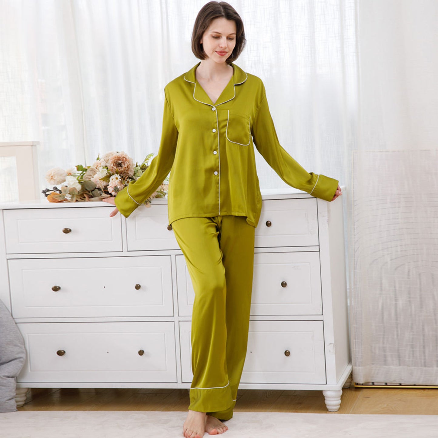 Customized Ladies Button Down Pjs Loungewear 2pcs Female Soild Silk Like Satin Pajamas set Women sleepwear