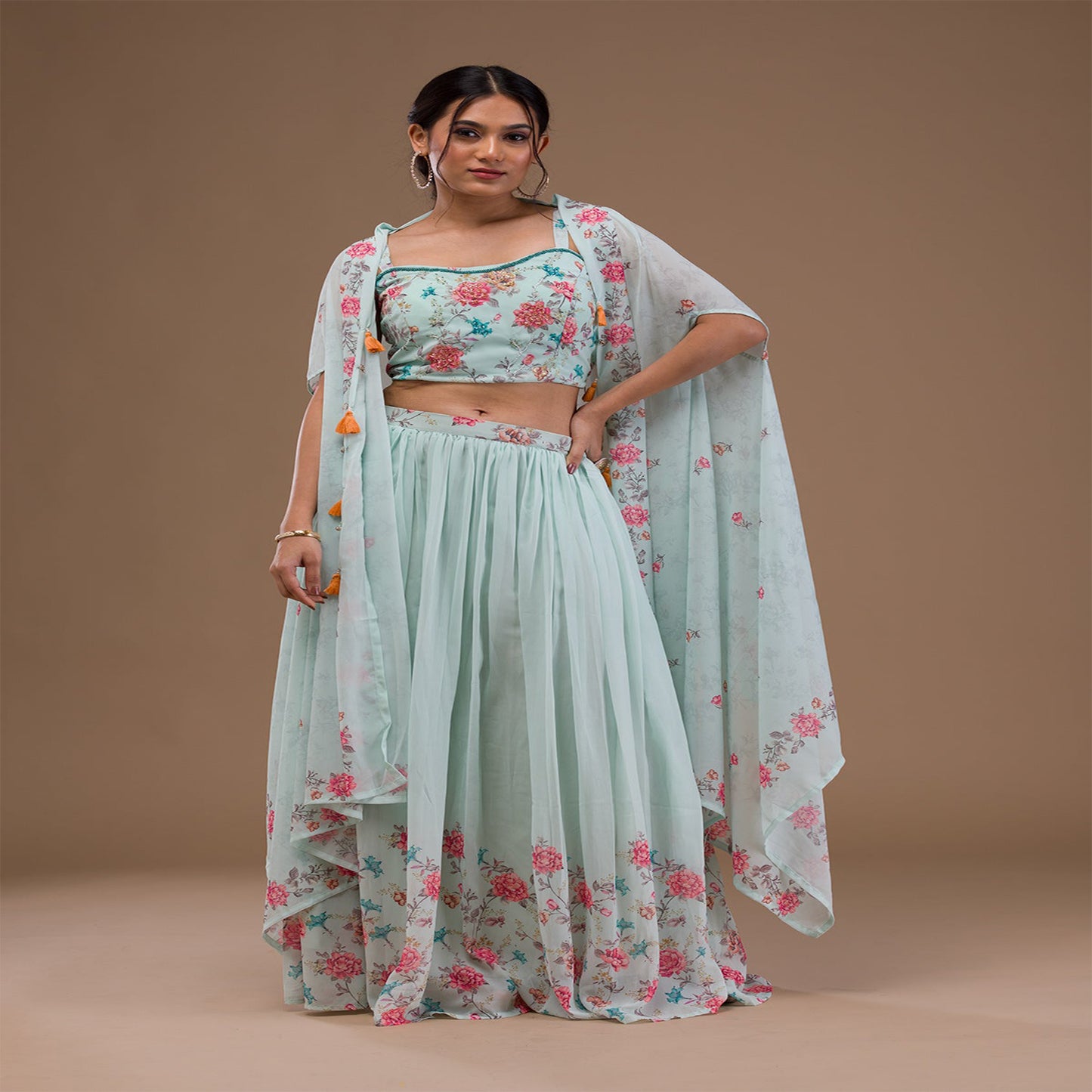 Sea Green Printed Georgette Readymade Lehenga