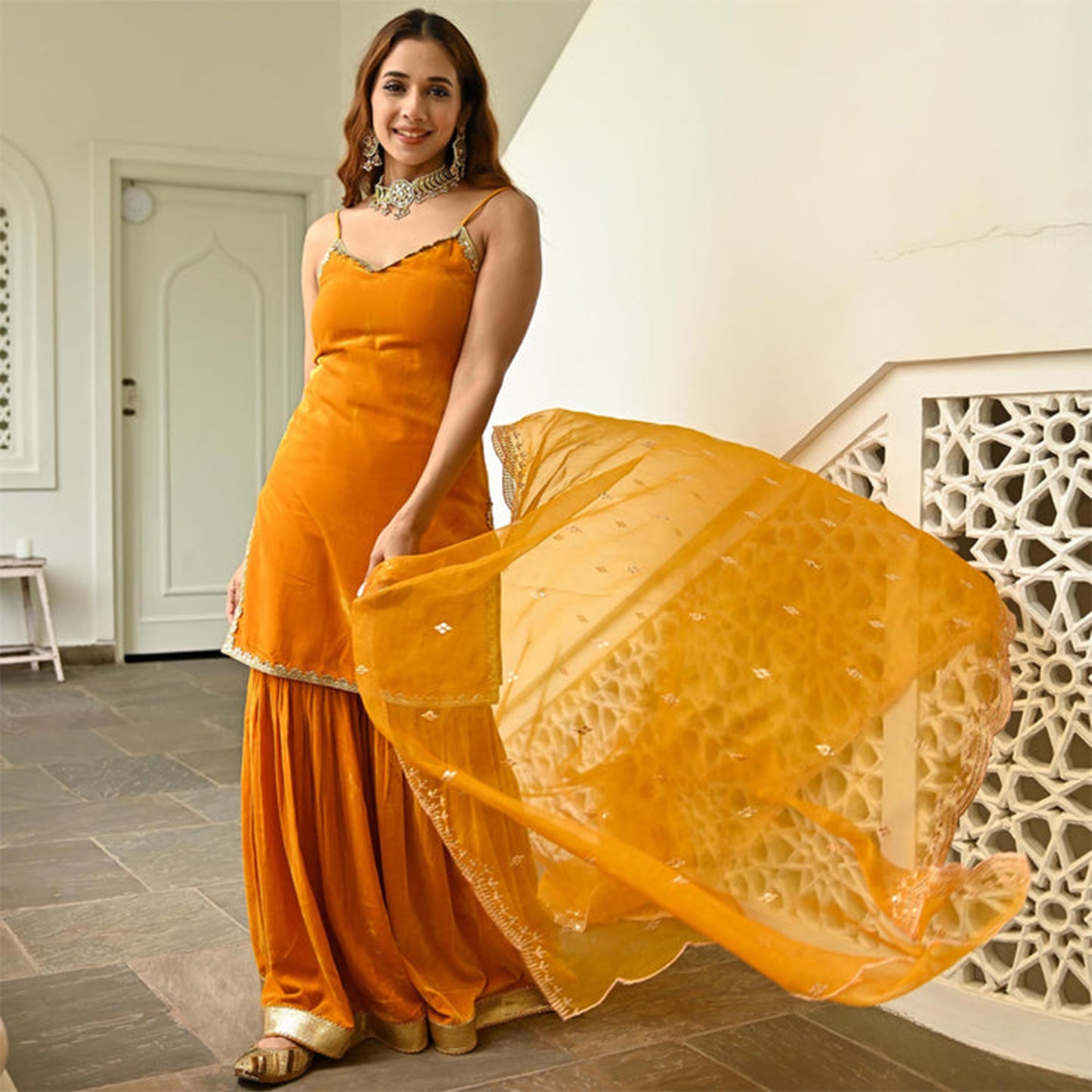 Mustard Velvet Sharara Set