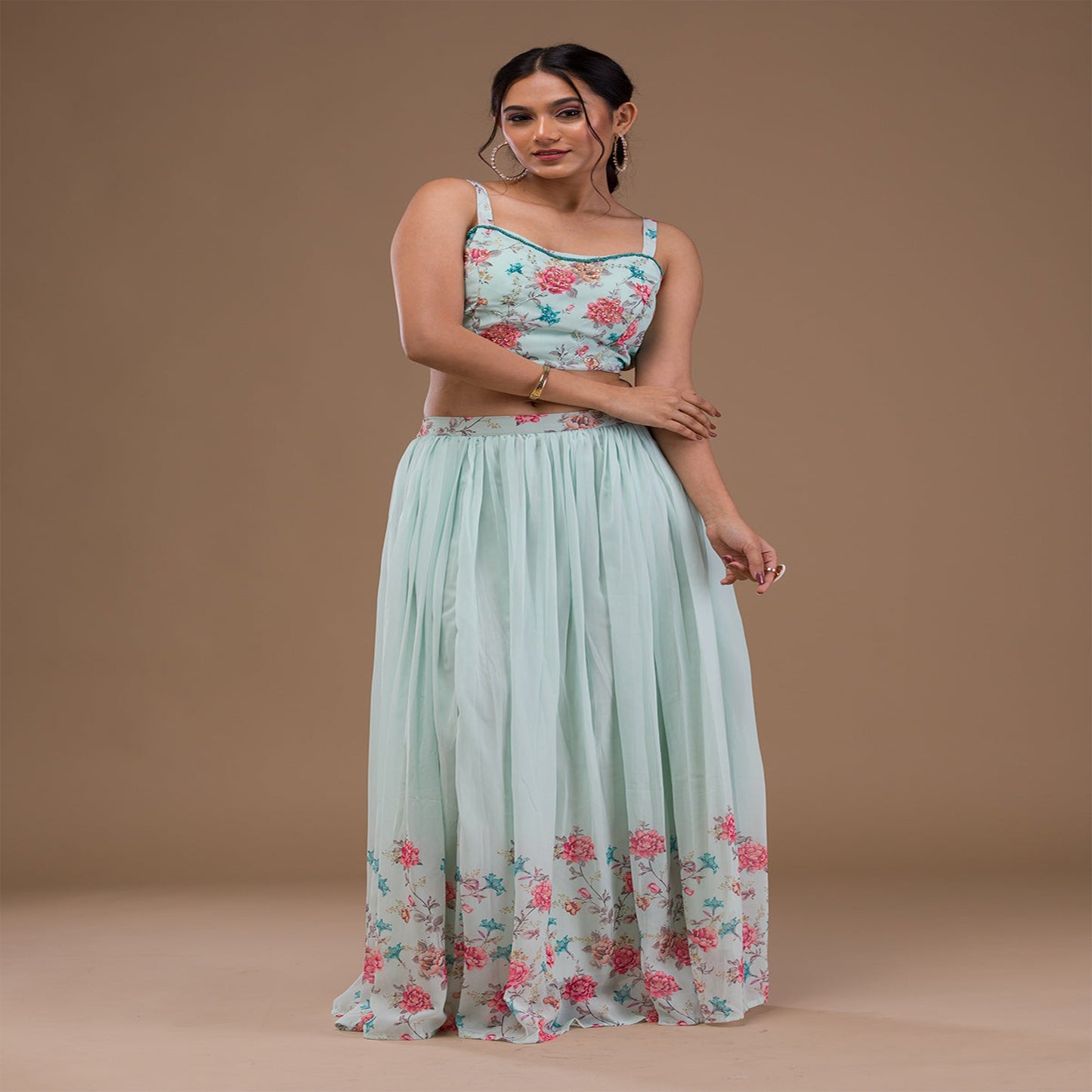 Sea Green Printed Georgette Readymade Lehenga