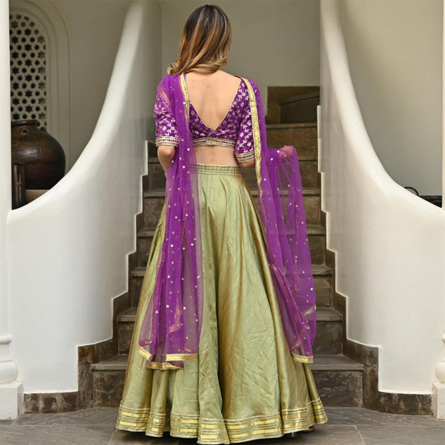 Green & Purple Brocade Lehenga