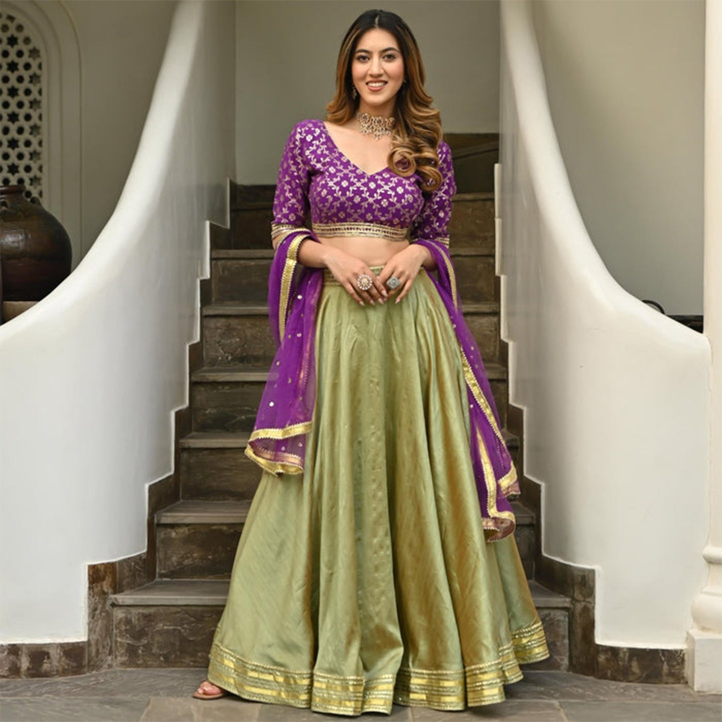 Green & Purple Brocade Lehenga