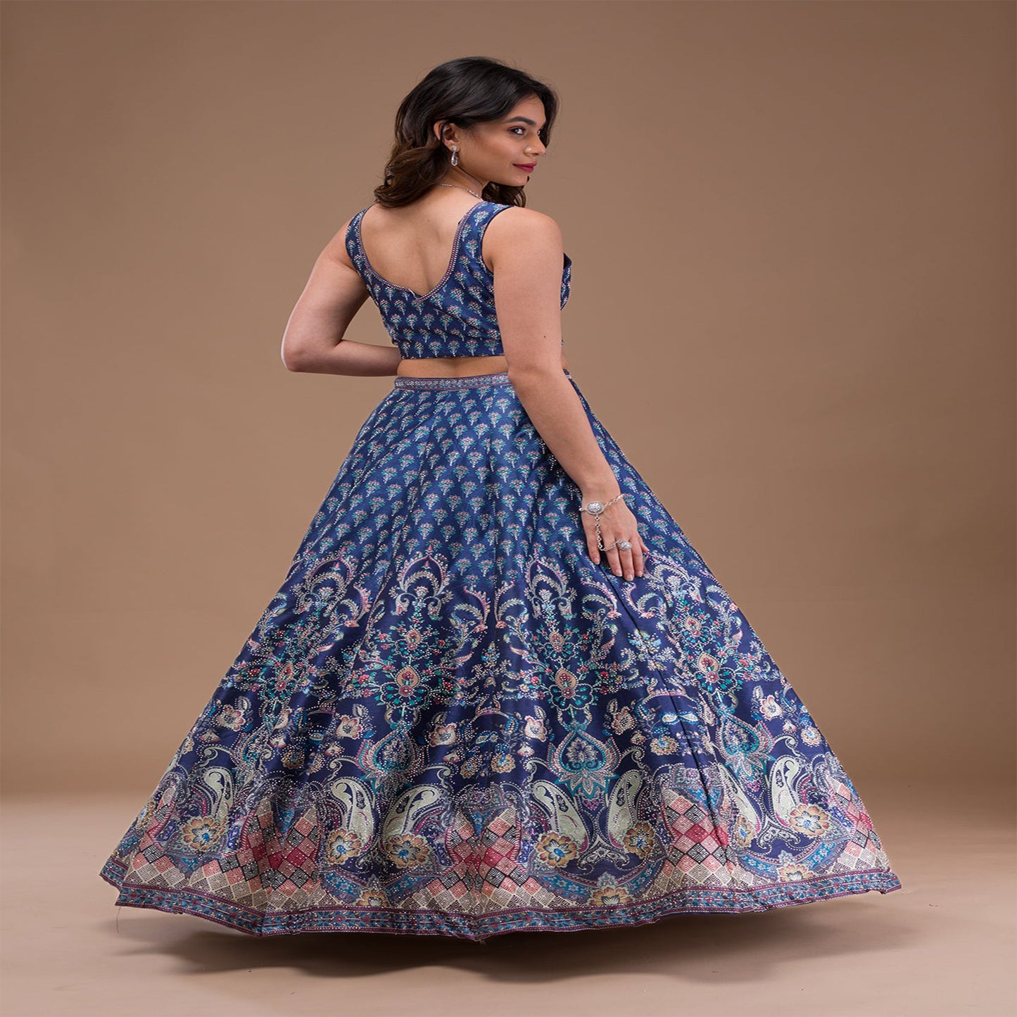 Navy Blue Swaroski Banarasi Readymade Lehenga