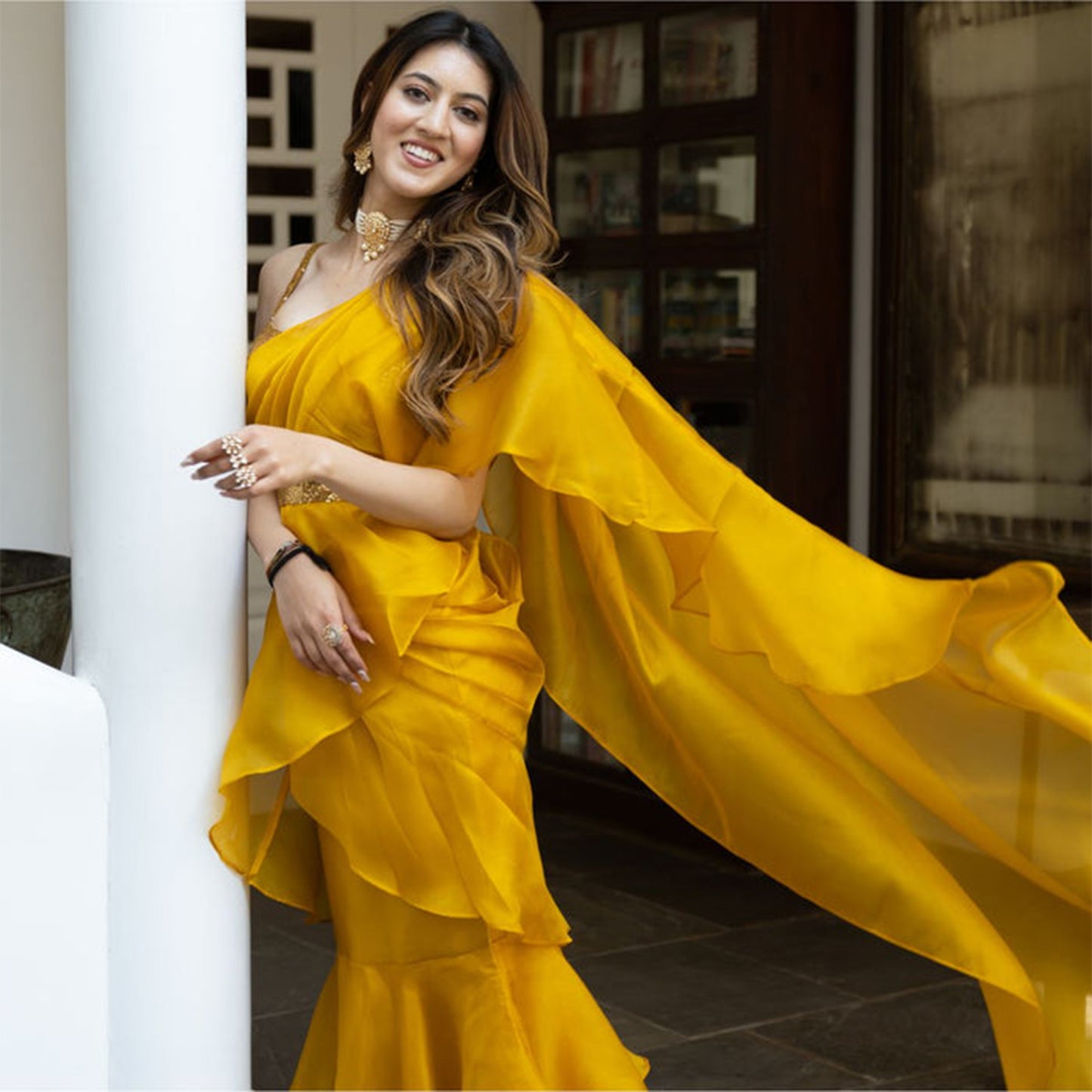 Yellow Sequin Organza Ruffled Saree