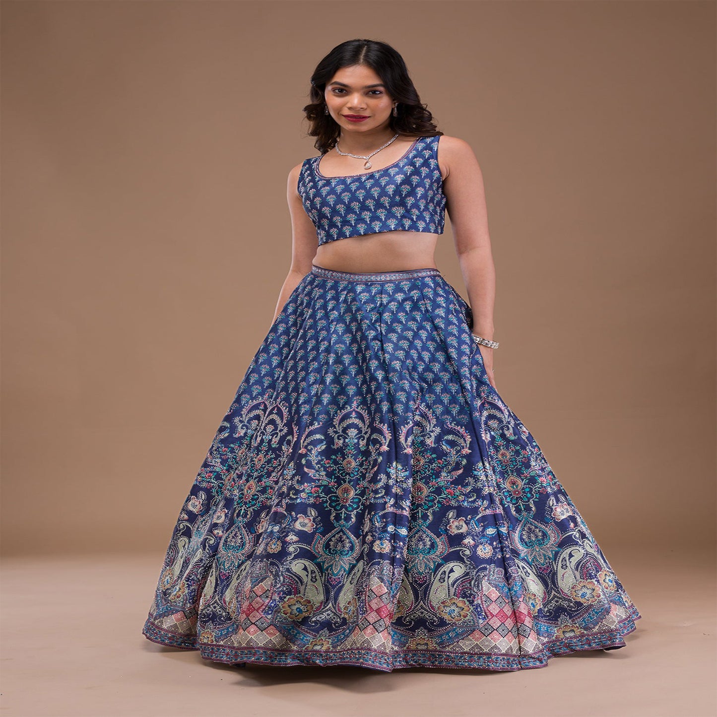 Navy Blue Swaroski Banarasi Readymade Lehenga