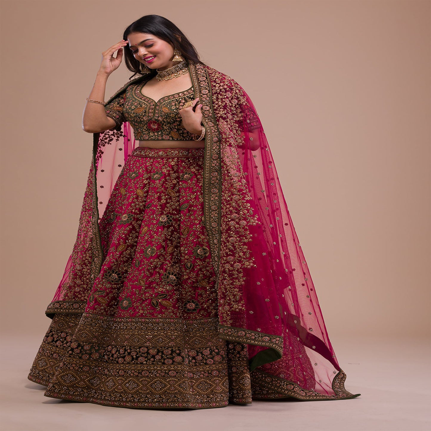 Magenta Pink Zariwork Velvet Readymade Lehenga