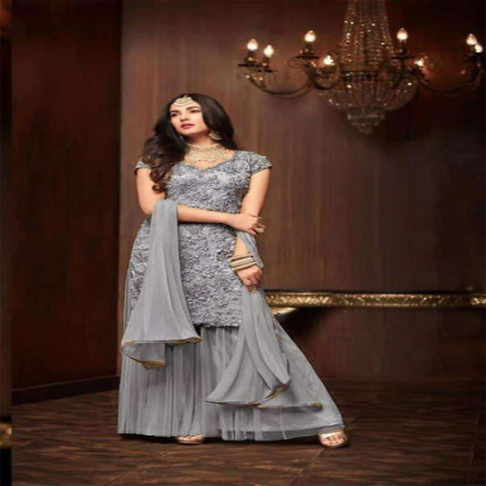 Adoring Heavy Embroidered Grey Color Sharara Suit