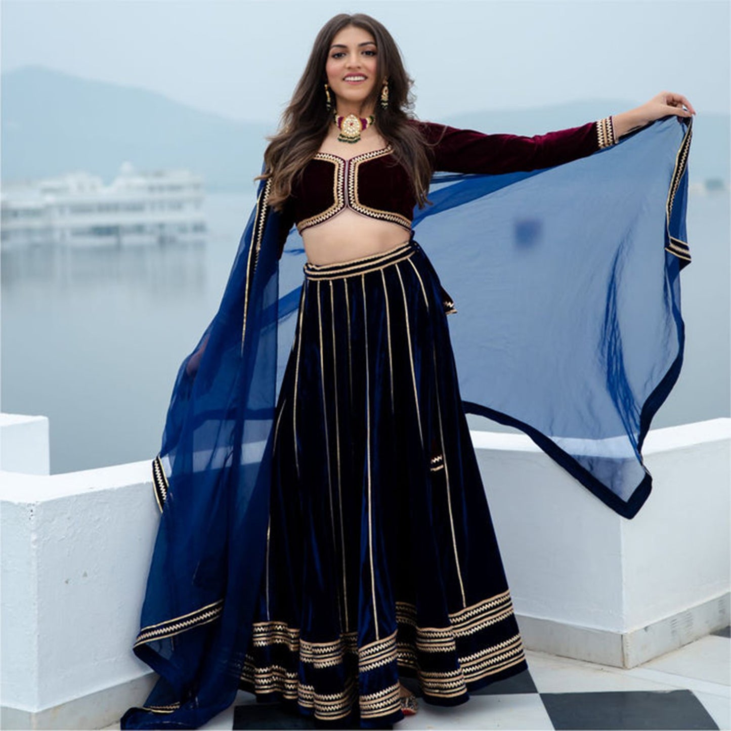 Wine and Blue Velvet Lehenga Set