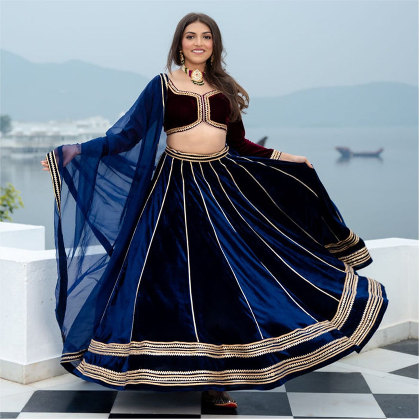 Wine and Blue Velvet Lehenga Set