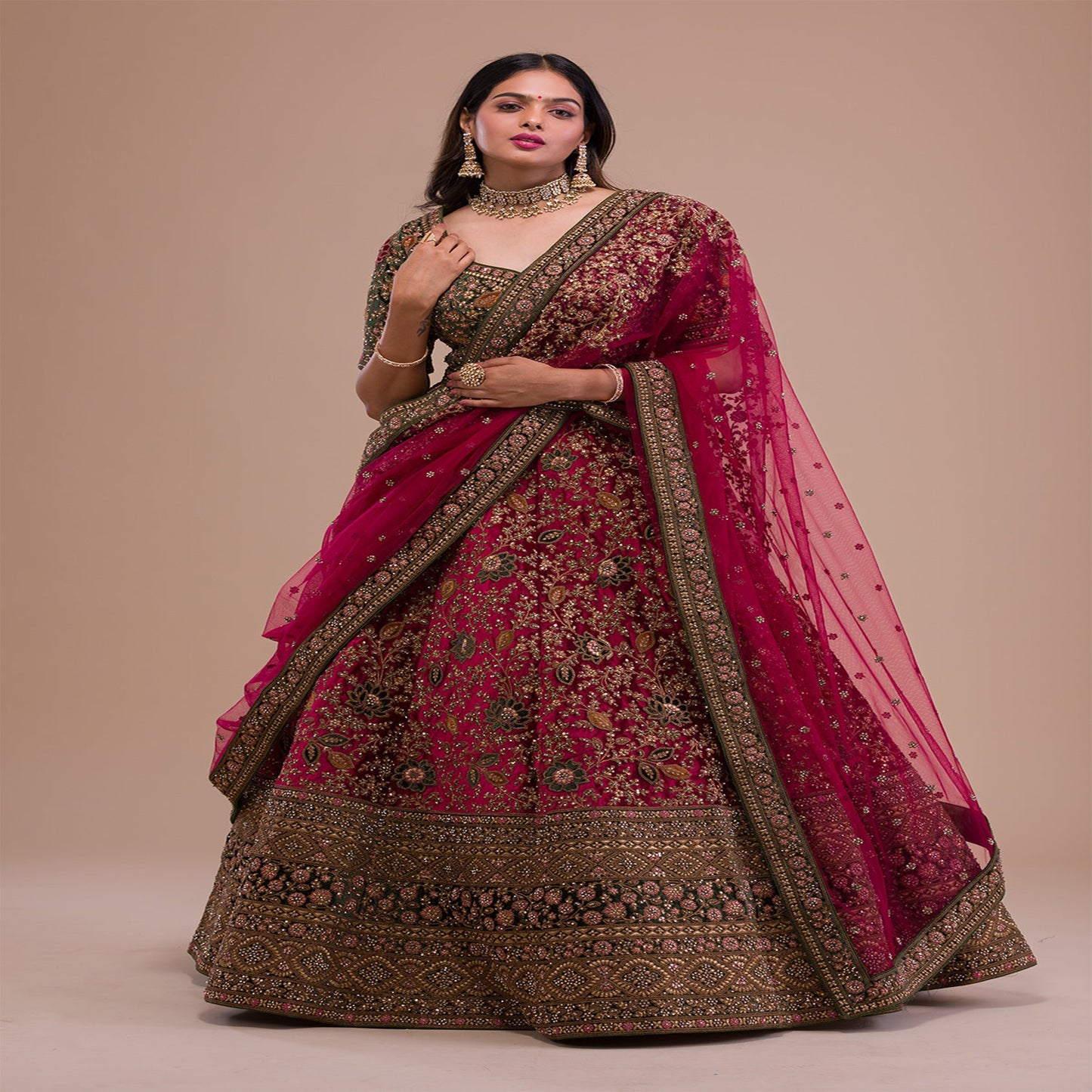 Magenta Pink Zariwork Velvet Readymade Lehenga