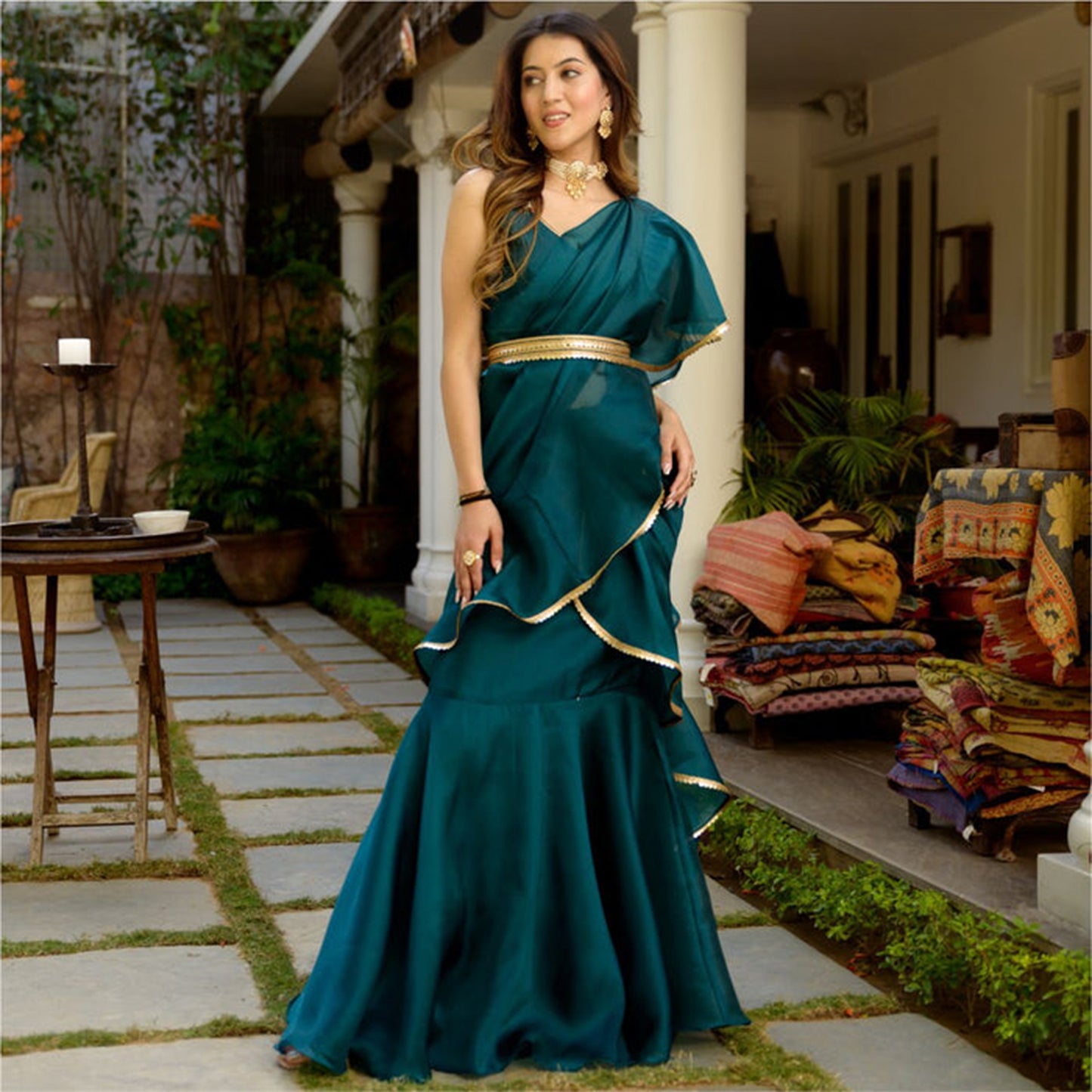 Green Organza Stitched Saree - Lavanya The Label