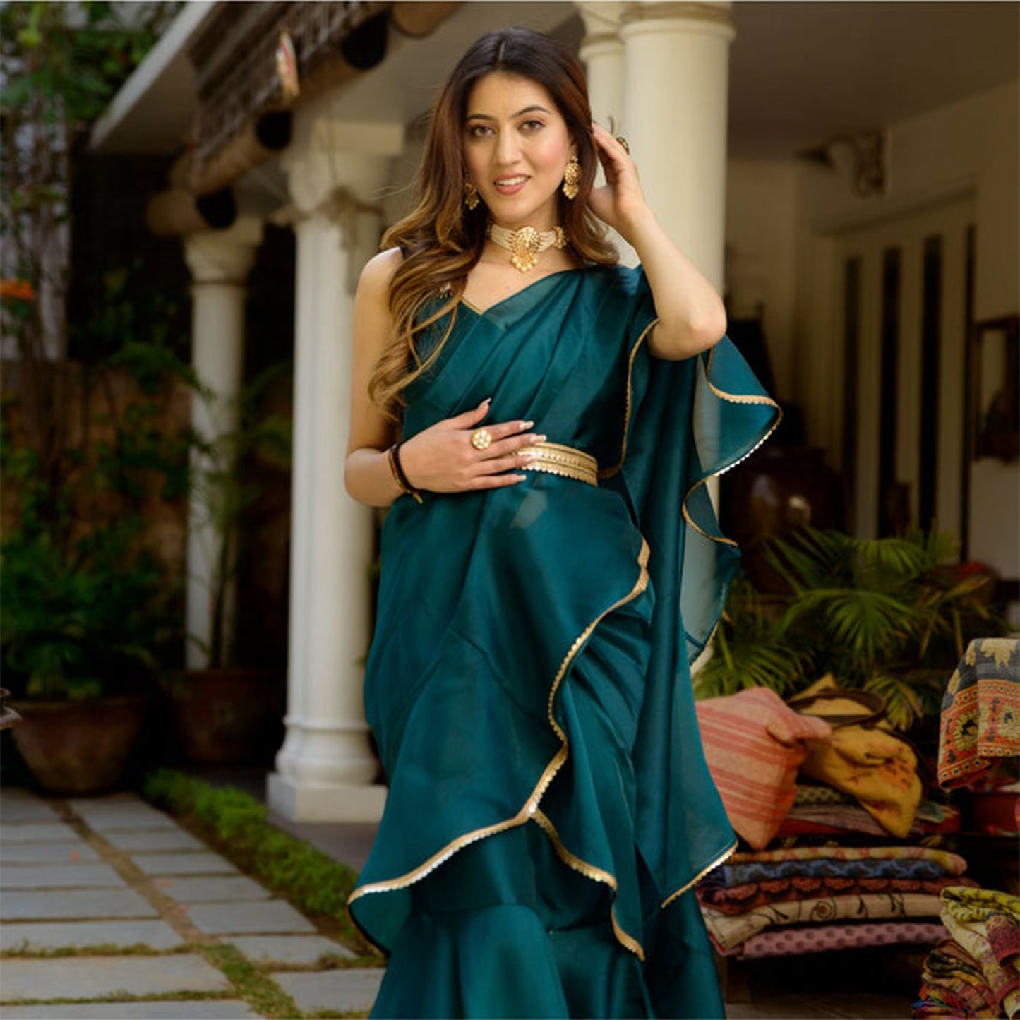 Green Organza Stitched Saree - Lavanya The Label