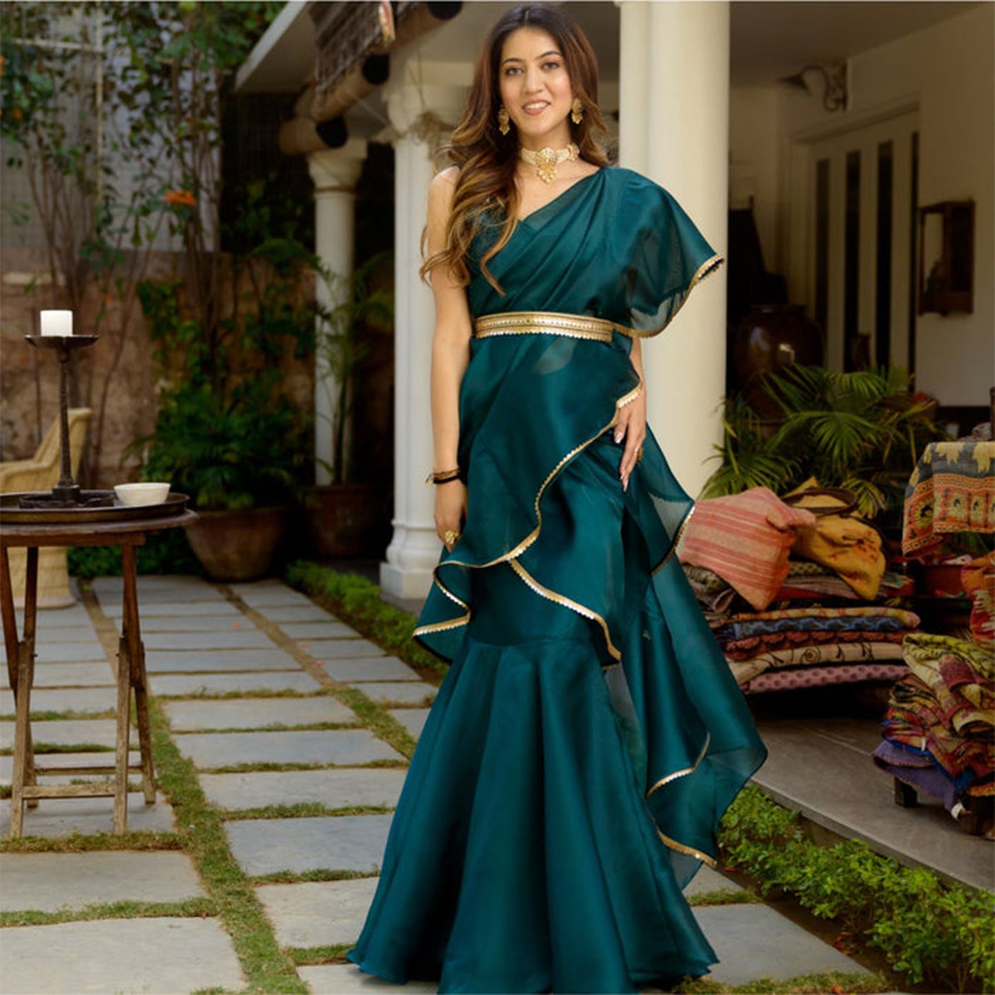 Green Organza Stitched Saree - Lavanya The Label