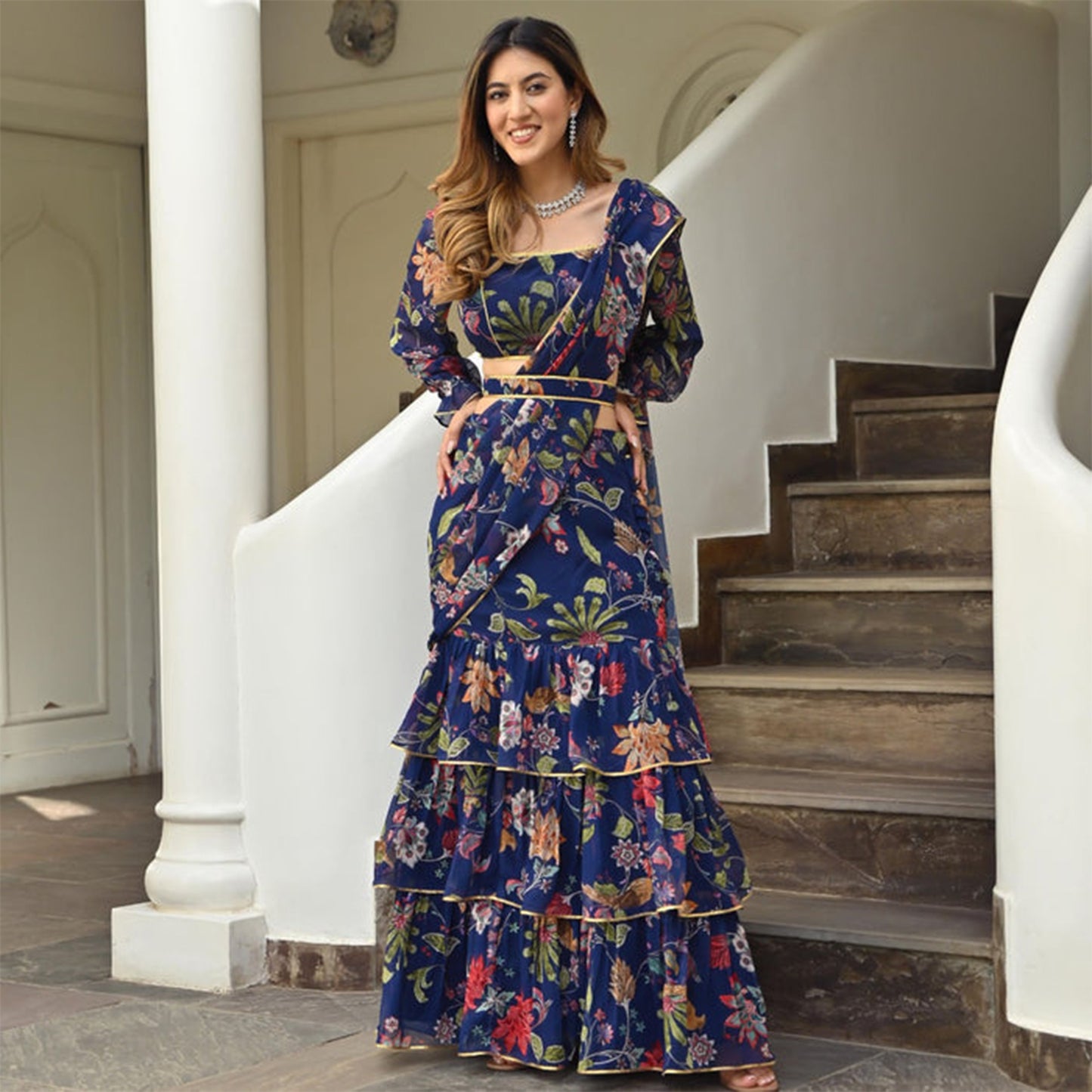 Navy Blue Printed Ruffle saree