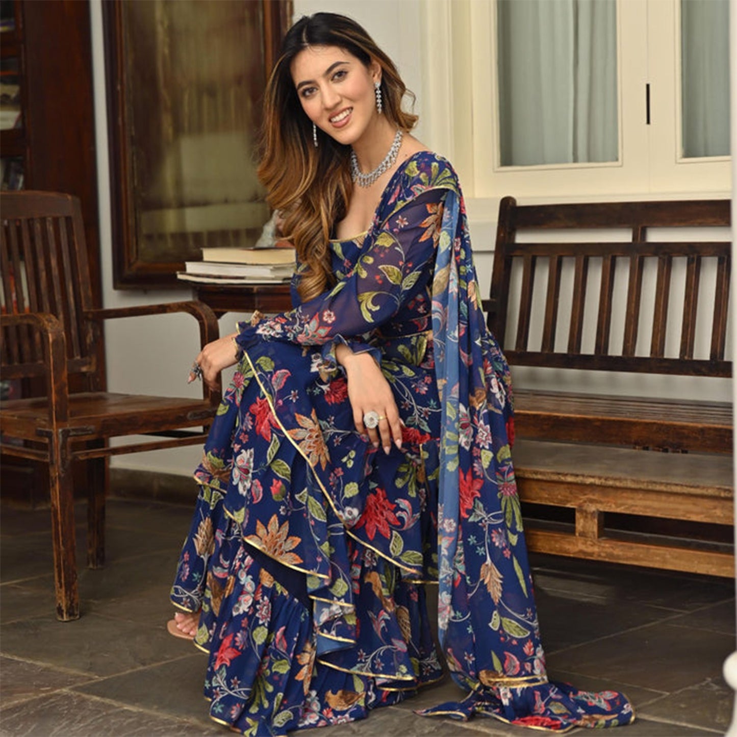 Navy Blue Printed Ruffle saree