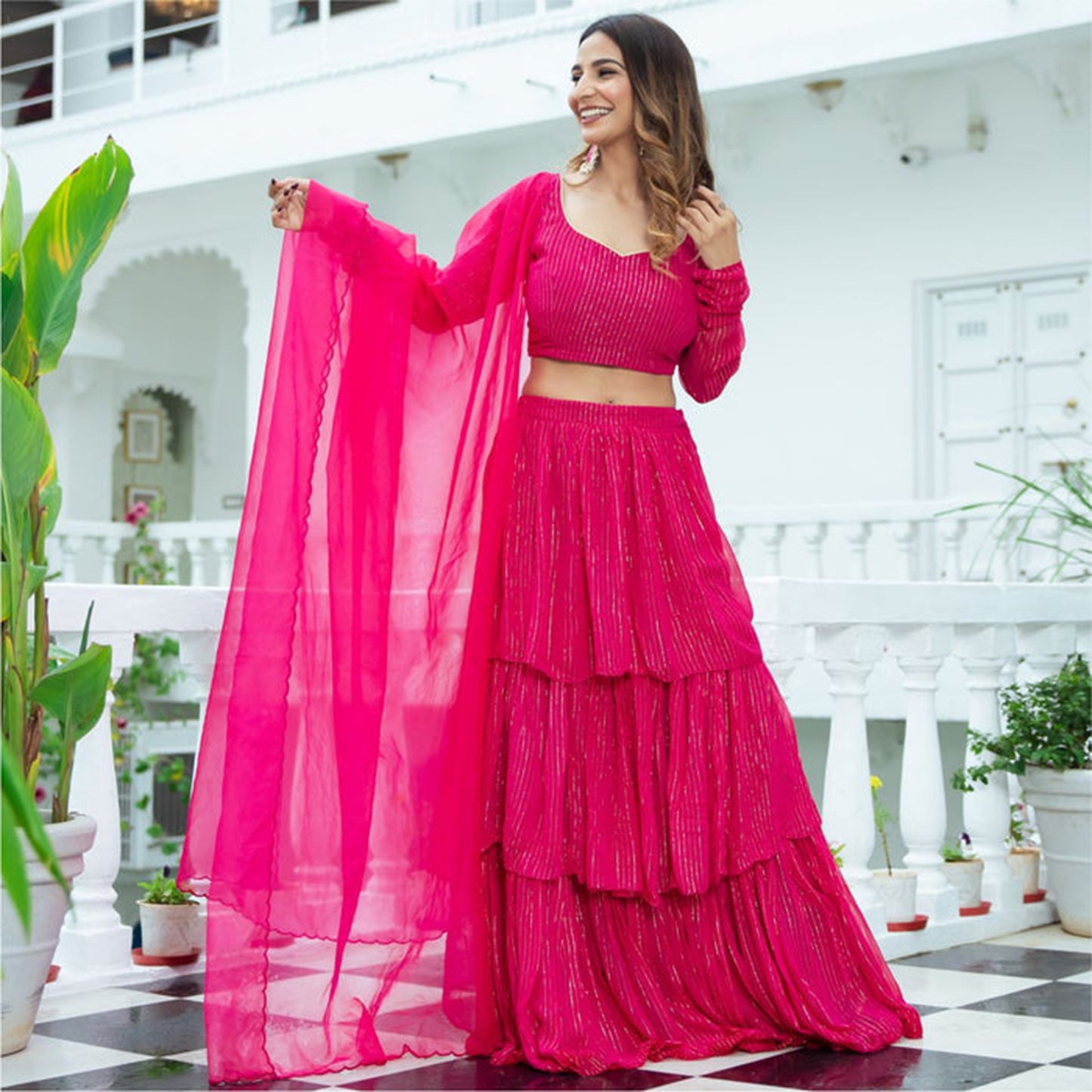 PINK LUREX TIERED LEHENGA SET