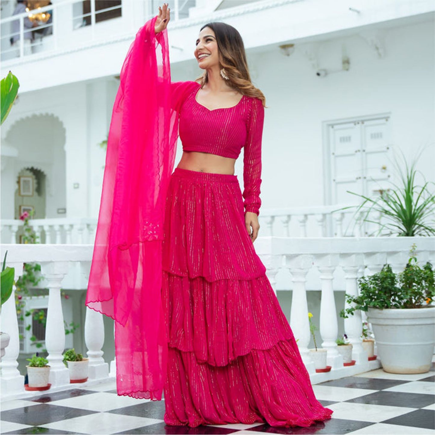 PINK LUREX TIERED LEHENGA SET