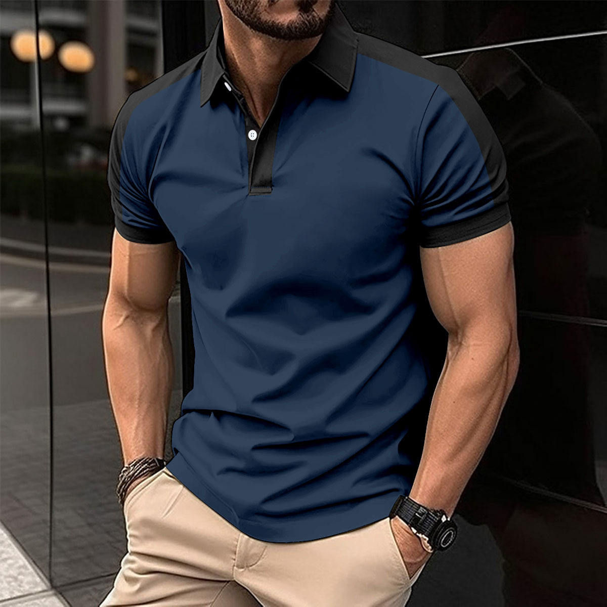 2025 Summer New Men's Casual Polo Shirt Fashion Lapel Button Business Color Matching Tops Outwear Short Sleeve T-shirt