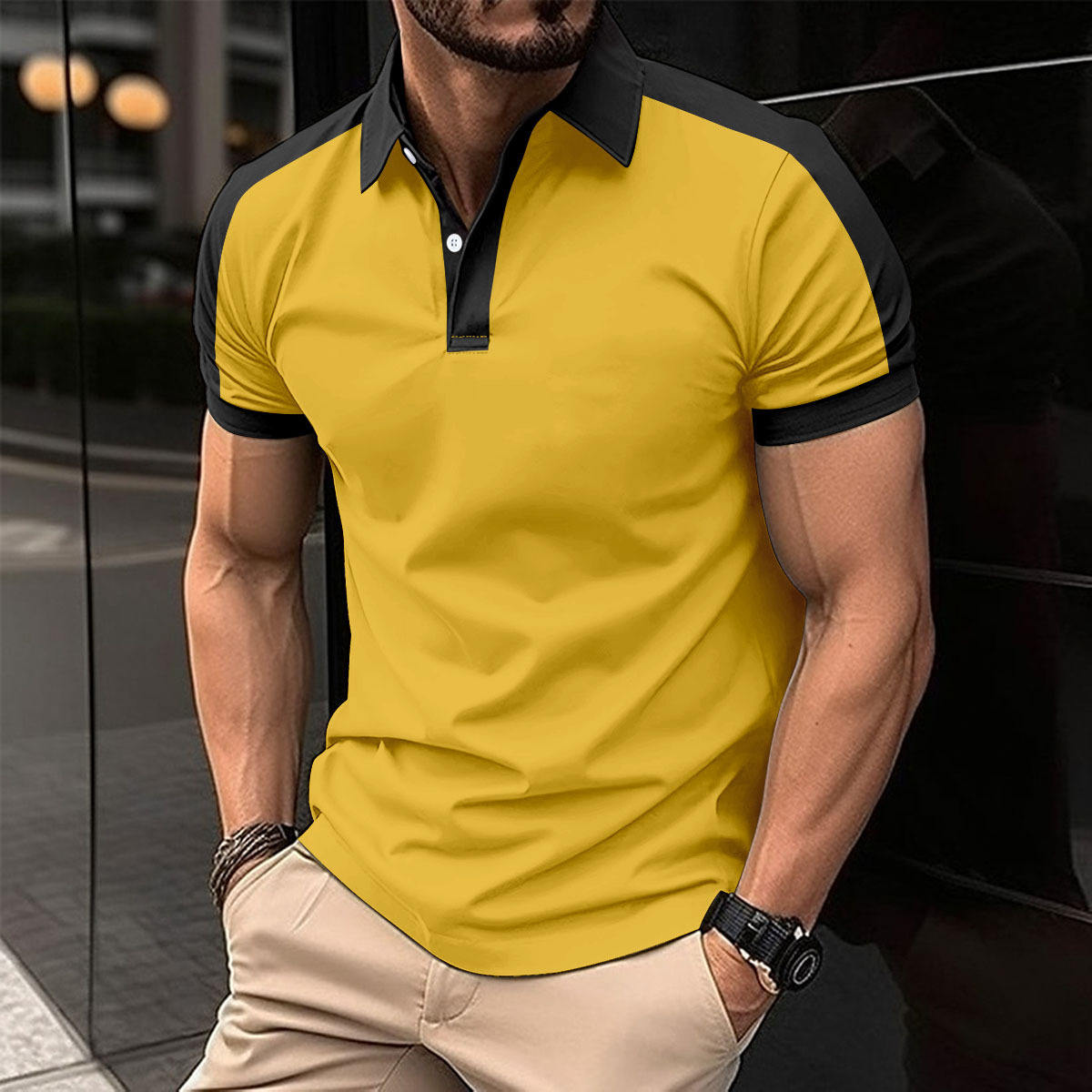 2025 Summer New Men's Casual Polo Shirt Fashion Lapel Button Business Color Matching Tops Outwear Short Sleeve T-shirt