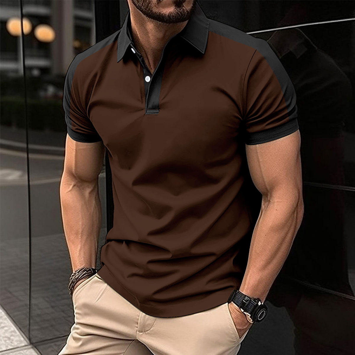 2025 Summer New Men's Casual Polo Shirt Fashion Lapel Button Business Color Matching Tops Outwear Short Sleeve T-shirt