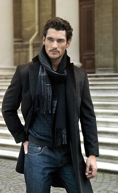 Men's Charcoal Trenchcoat, White Dress Shirt, Black Jeans, Charcoal Leather Desert Boots