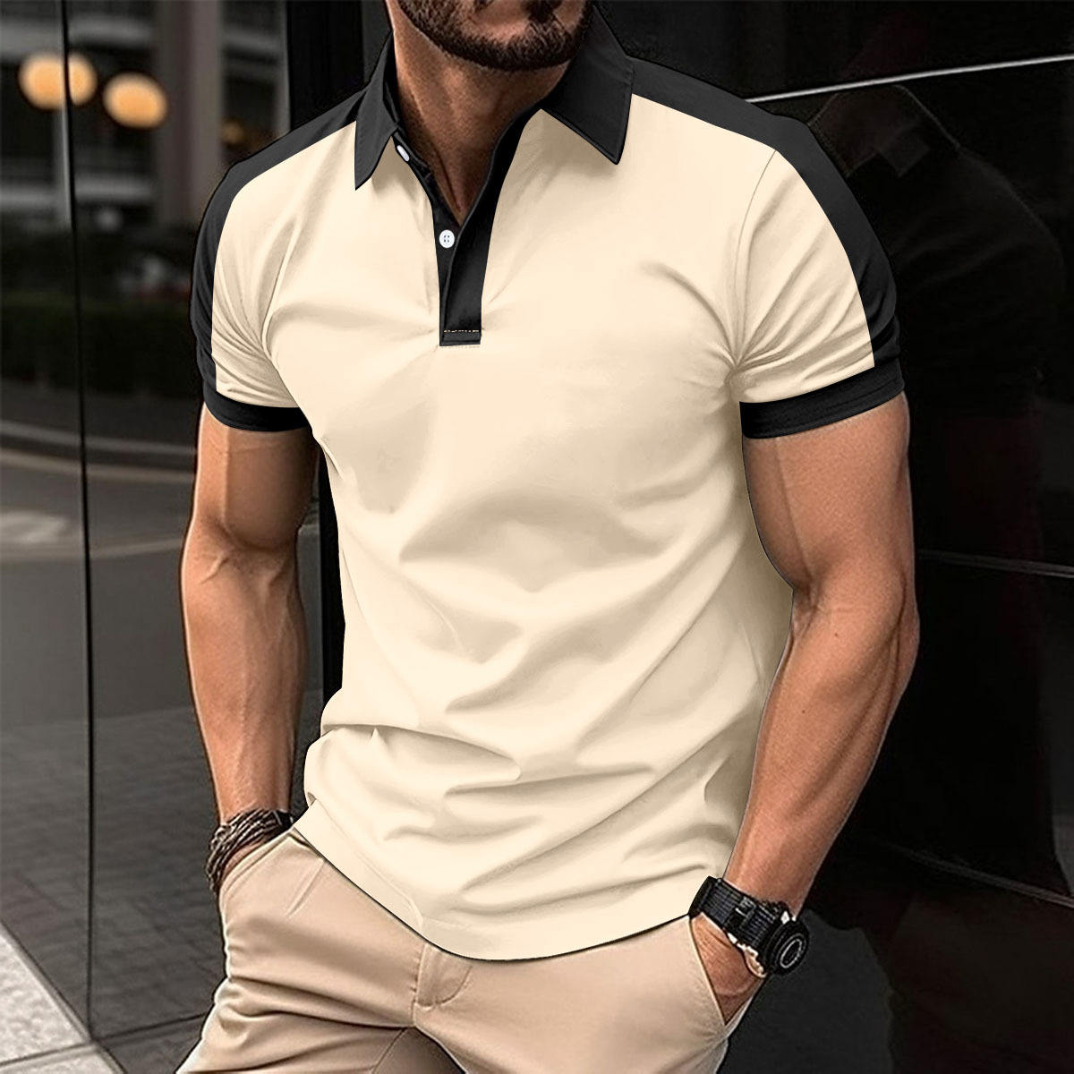 2025 Summer New Men's Casual Polo Shirt Fashion Lapel Button Business Color Matching Tops Outwear Short Sleeve T-shirt